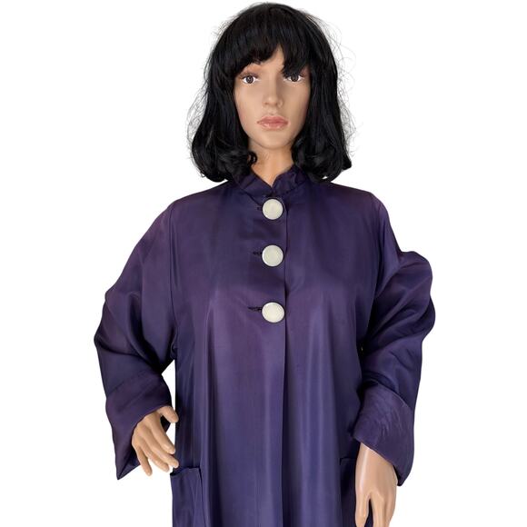 Vintage Purple Sateen Lined Duster Swing Coat 3 button closing large - Picture 4 of 16